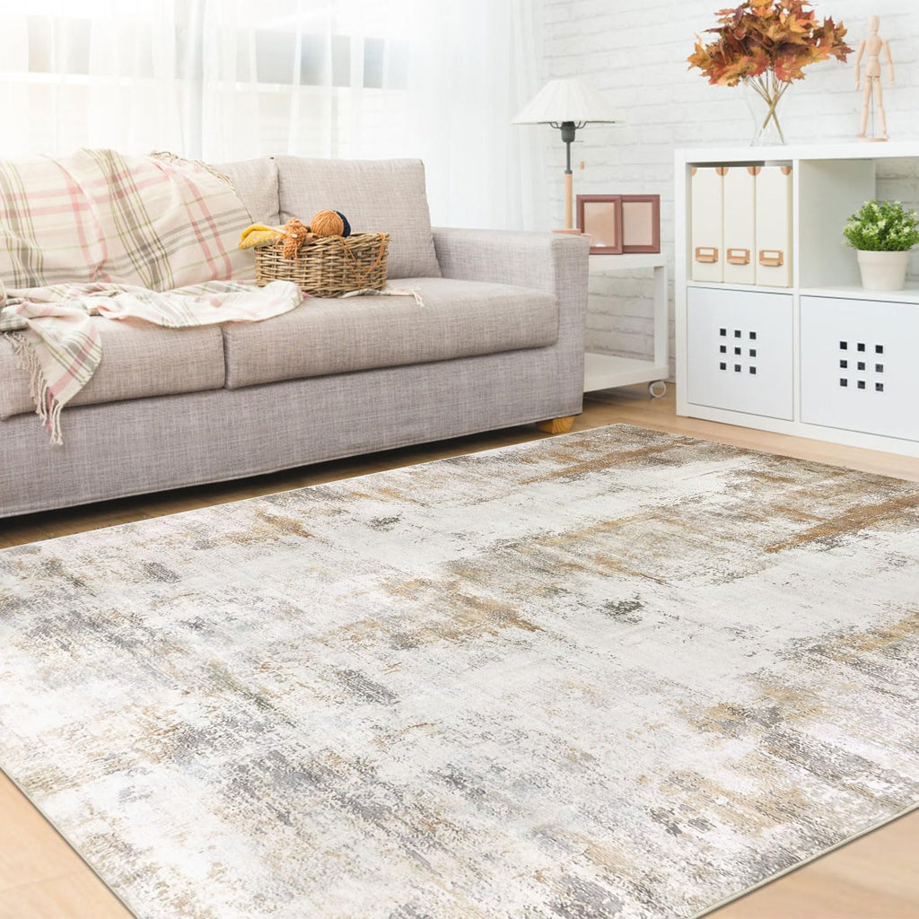5x8 Area Rug, Abstract Washable Rugs for Living Room Low Pile Neutral Area Rug for Bedroom Aesthetic Non Slip Rubber
