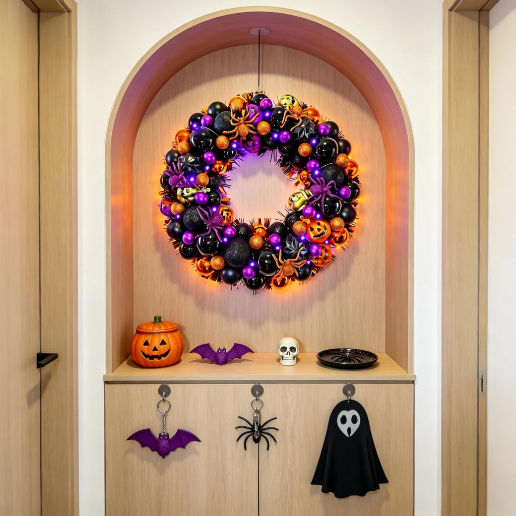 17 Inch Halloween Ball Wreath for Front Door with Lights | Lighted Cute Treat-or-Trick Door Wreath Ball Ornament for
