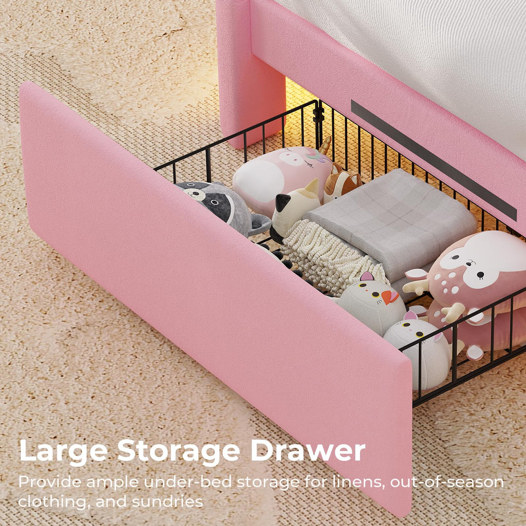 Twin LED Bed Frame with Storage Headboard & Drawer, Princess Upholstered Bed with Charging Station & Crystal Button &