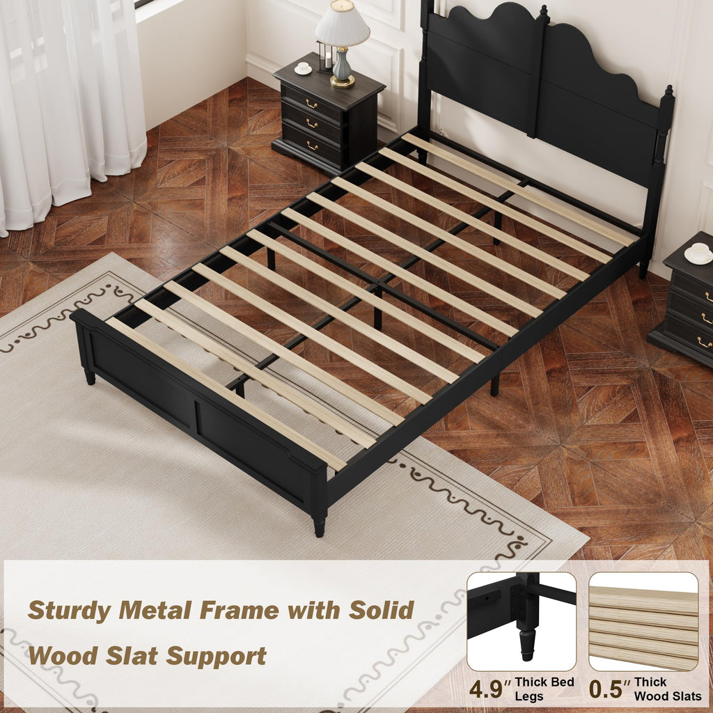 Vintage Bed Frame with Curved Headboard, Black Wood Platform Bed