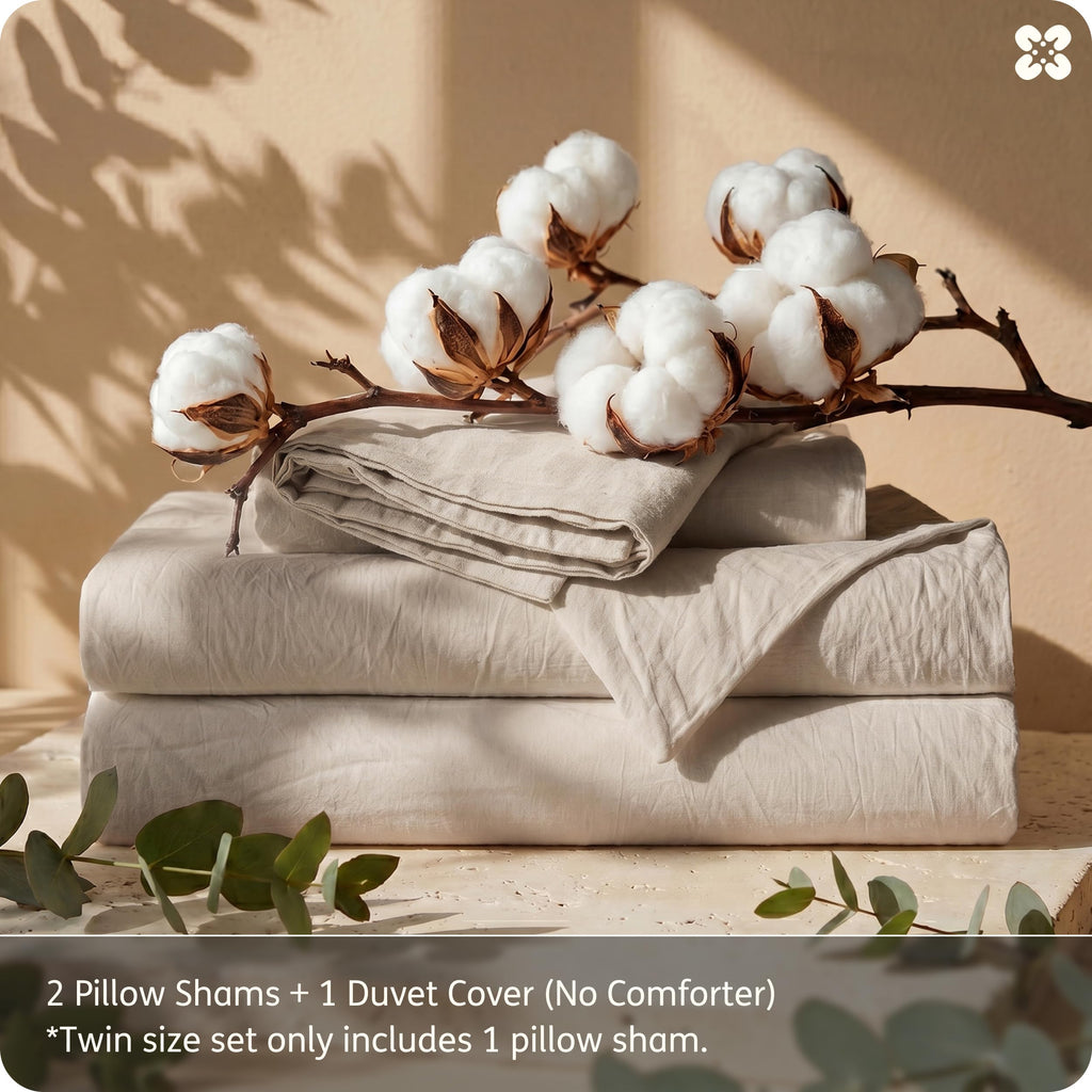 PureWoven 100% Washed Cotton Duvet Cover Set Queen, Oatmeal