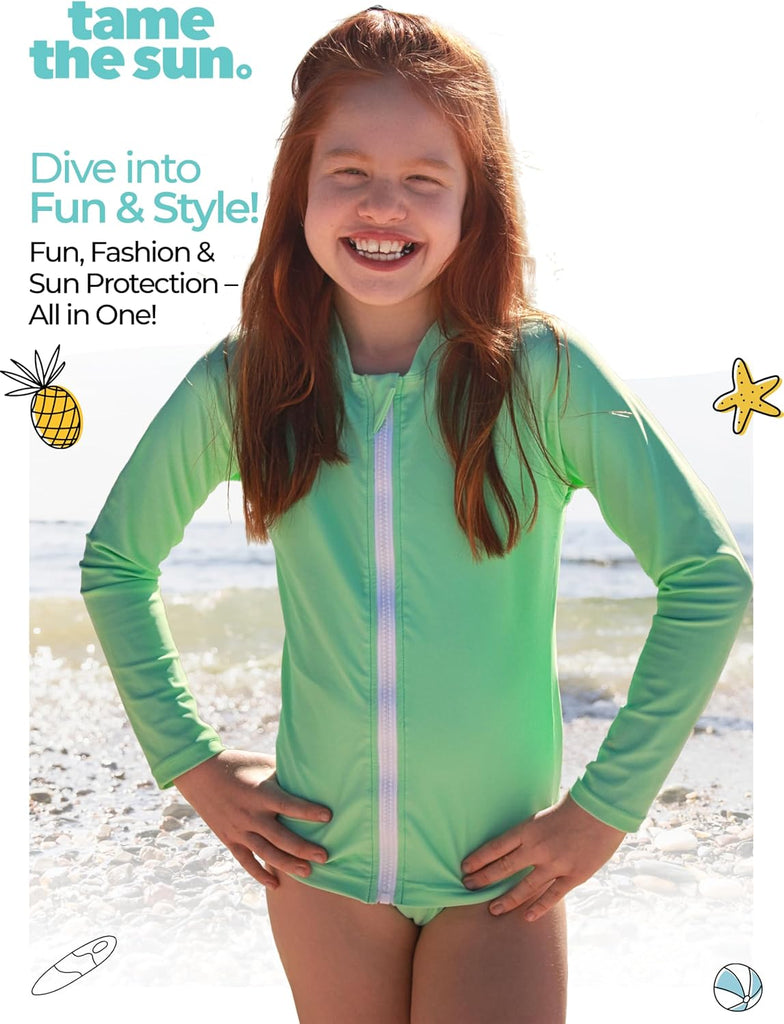 Girls Long Sleeve Swim Shirt UPF 50+ Rash Guard One Piece Zipper Swim Shirt