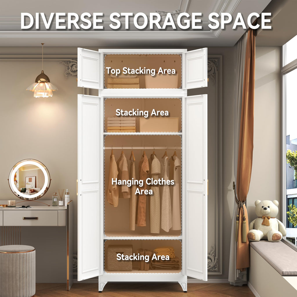86" Tall White Metal Armoire Wardrobe Closet with Hanging Rod