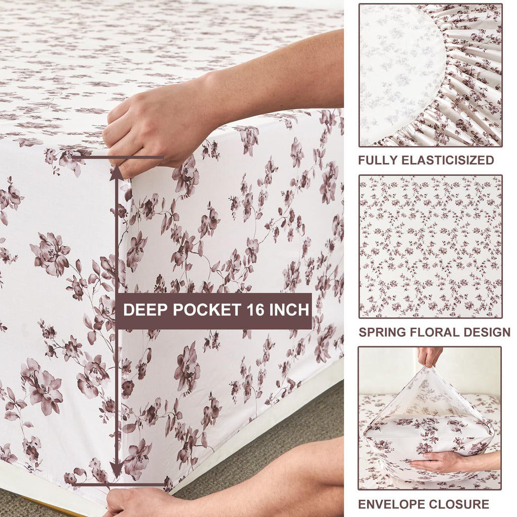 Sheets Set Vintage Tan/Brown Floral Bedding Farmhouse Sheets Set 100% Percale Cotton Breathable Cool Crisp