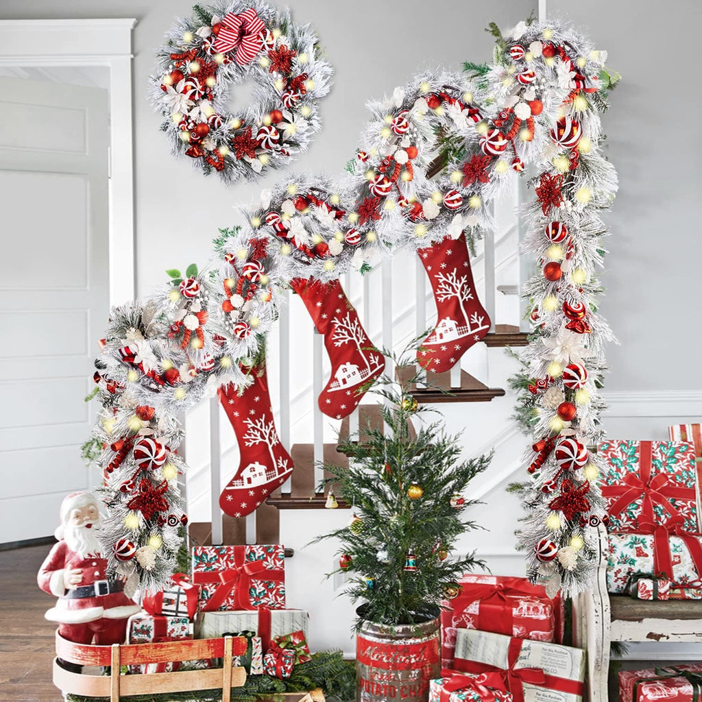 30 Inch Pre-Lit Red White Christmas Wreaths for Front Door