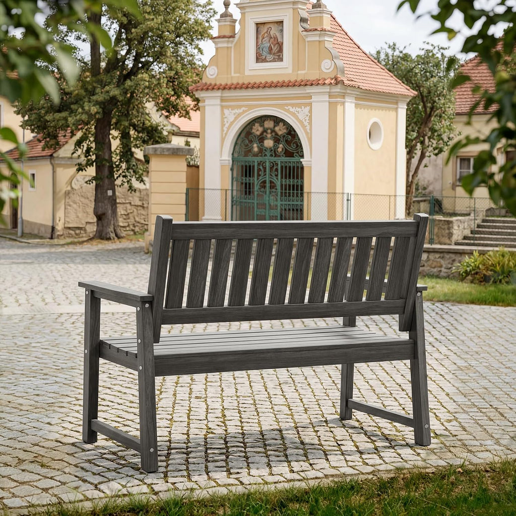 All Weather Poly Lumber Outdoor Garden Bench, 2-Person, Light Gray | 700 Lbs Weight Capacity Heavy Duty Weatherproof