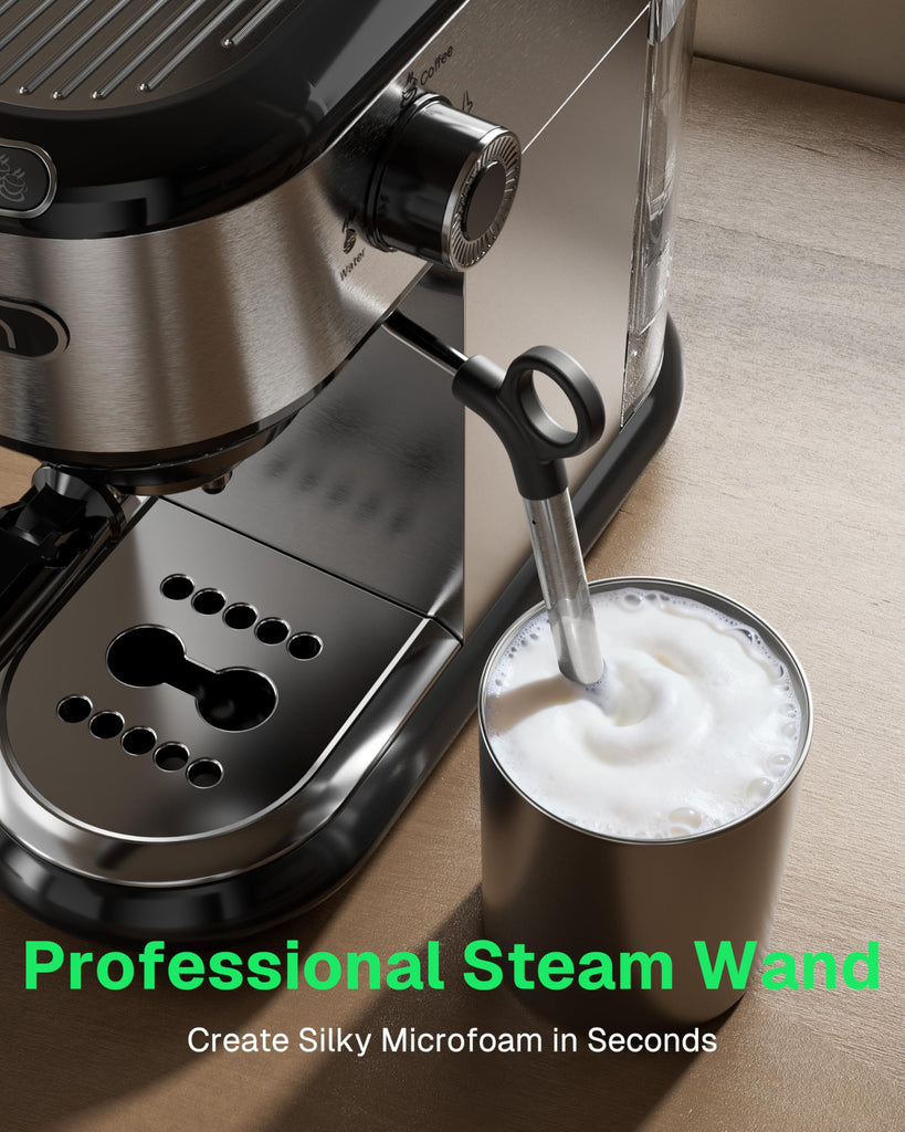20 Bar Espresso Machine with Milk Frother, Compact Espresso Maker for Ground Coffee, Stainless Steel Coffee Machine