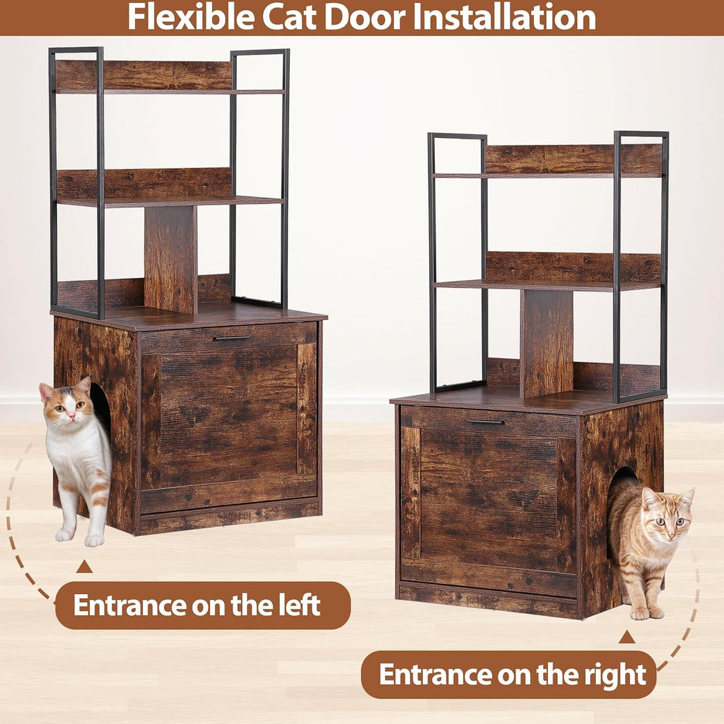 2-in-1 Cat Litter Box Enclosure with Storage Shelves, Hidden Cat Litter Box Enclosure Furniture with Entrance (Rustic