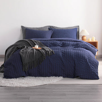 Duvet Cover Set - 2 Piece Seersucker Textured Stripe Washed Microfiber Bedding with Zipper Closure, Soft