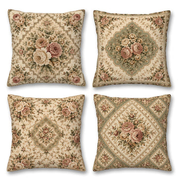 Vintage Floral Medallion Throw Pillow Covers 18x18 Set of 4 | Victorian Sage Green Flower Decorative Cushion Covers