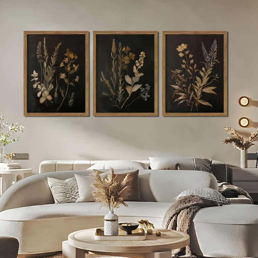Framed Dark Botanical Wall Art Set of 3, Black Moody Floral Wall Decor Paintings, Dark Academia Decor, Vintage Flower