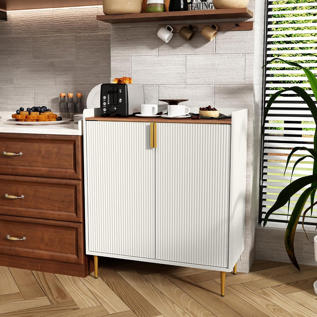 Wine Bar Cabinet with Fluted Texture, White | Modern Coffee Cabinet with Wine Rack&Glass Holder, Kitchen Buffet