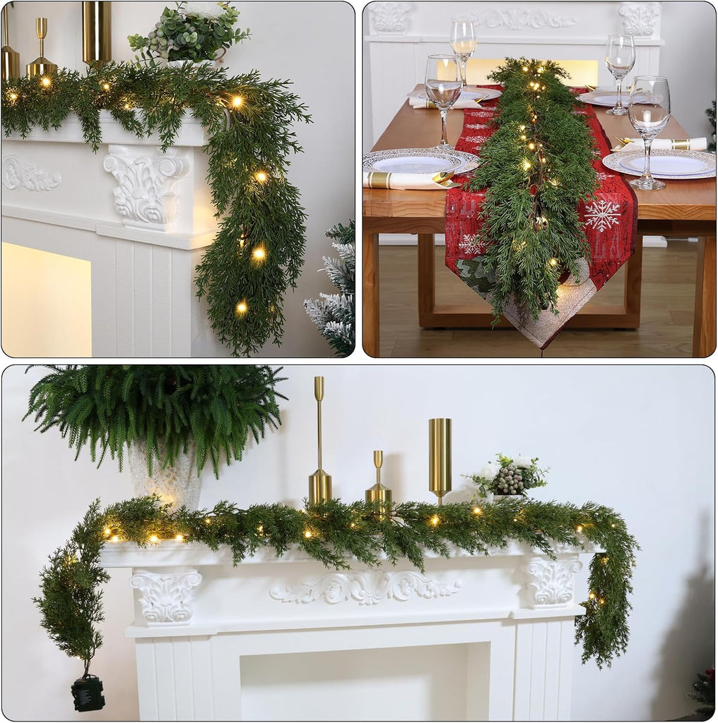6.2 FT Prelit Christmas Cedar Garland 2 PCS, Realistic Artificial Pine Needle Faux Cypress Greenery with 20 Lights