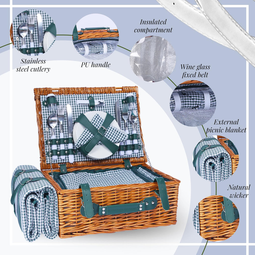 Wicker Picnic Basket Set for 4, Blanket, Cooler Bag, Cottage Plaid