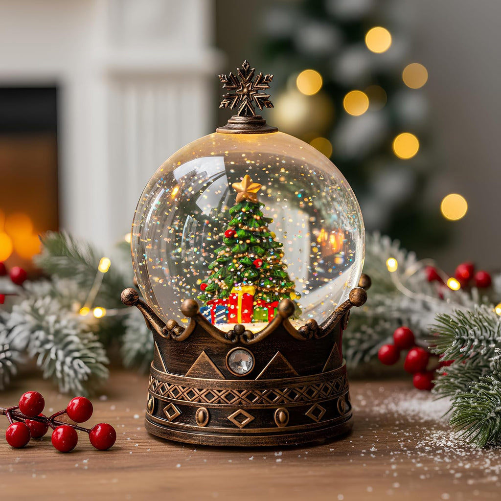 Christmas Snow Globe Lantern Water Glittering Christmas Tree Crown with Music, USB Lined/Battery Operated Lighted