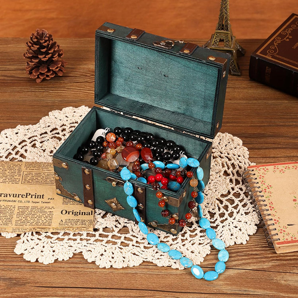 Vintage Wooden Treasure Chest Box with Lock Small Rectangle Antique Wood Jewelry Storage Boxes European Decorative