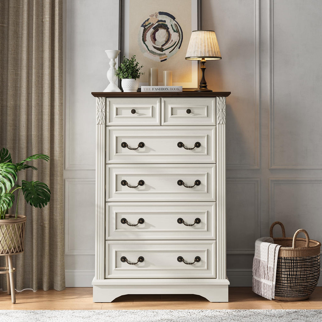 Farmhouse with 6 Drawers, Antique White, or Office Storage