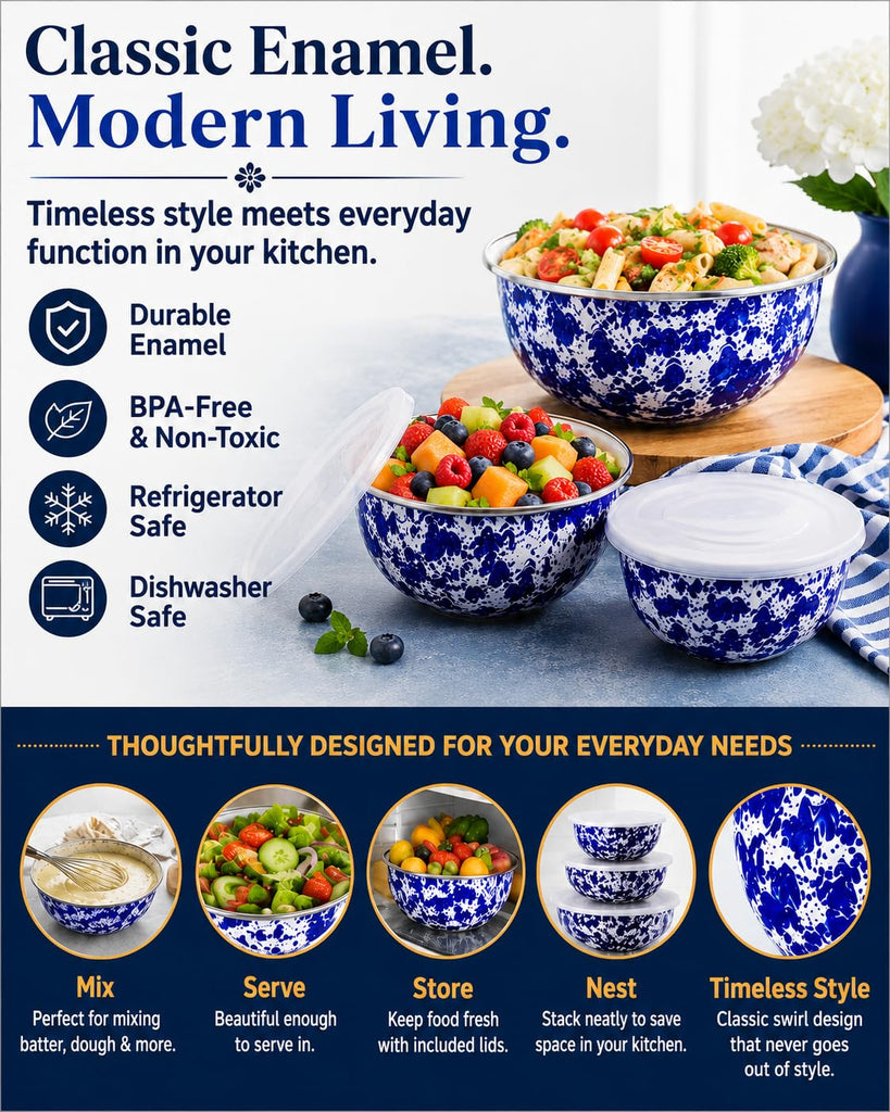 Nested Mixing Bowls with Lids, Set of 3, Cobalt Swirl