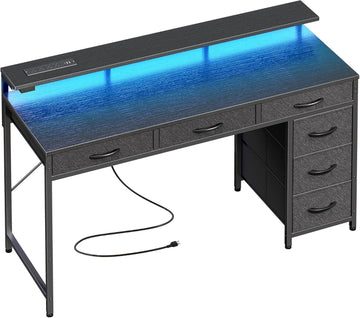 Gaming Desk with 6 Drawers, Computer Desk with LED Lights Power Outlets and Type-C, 47 Inch Office Desk with Storage