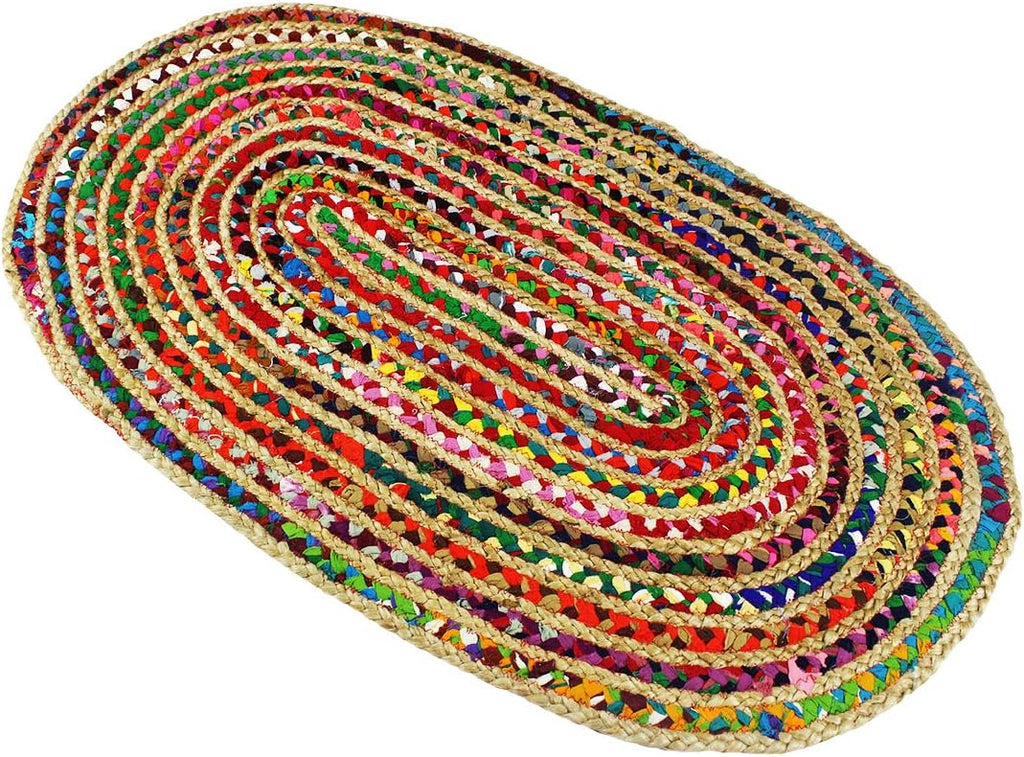 Jute Chindi Braid Rag Rug - 5x8 Ft Oval Multi Color Area Rug | Handwoven Reversible Jute & Natural Recycled Cotton