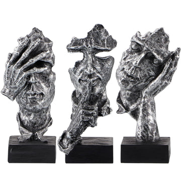 3Pcs Thinker Statue, No Hear No See No Speak Abstract Art Figurine, Sculpture Decor, Desktop, Bookshelf (Silver)