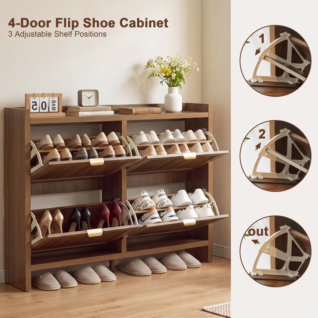 Fluted Shoe Storage Cabinet with 4 Flip Drawers