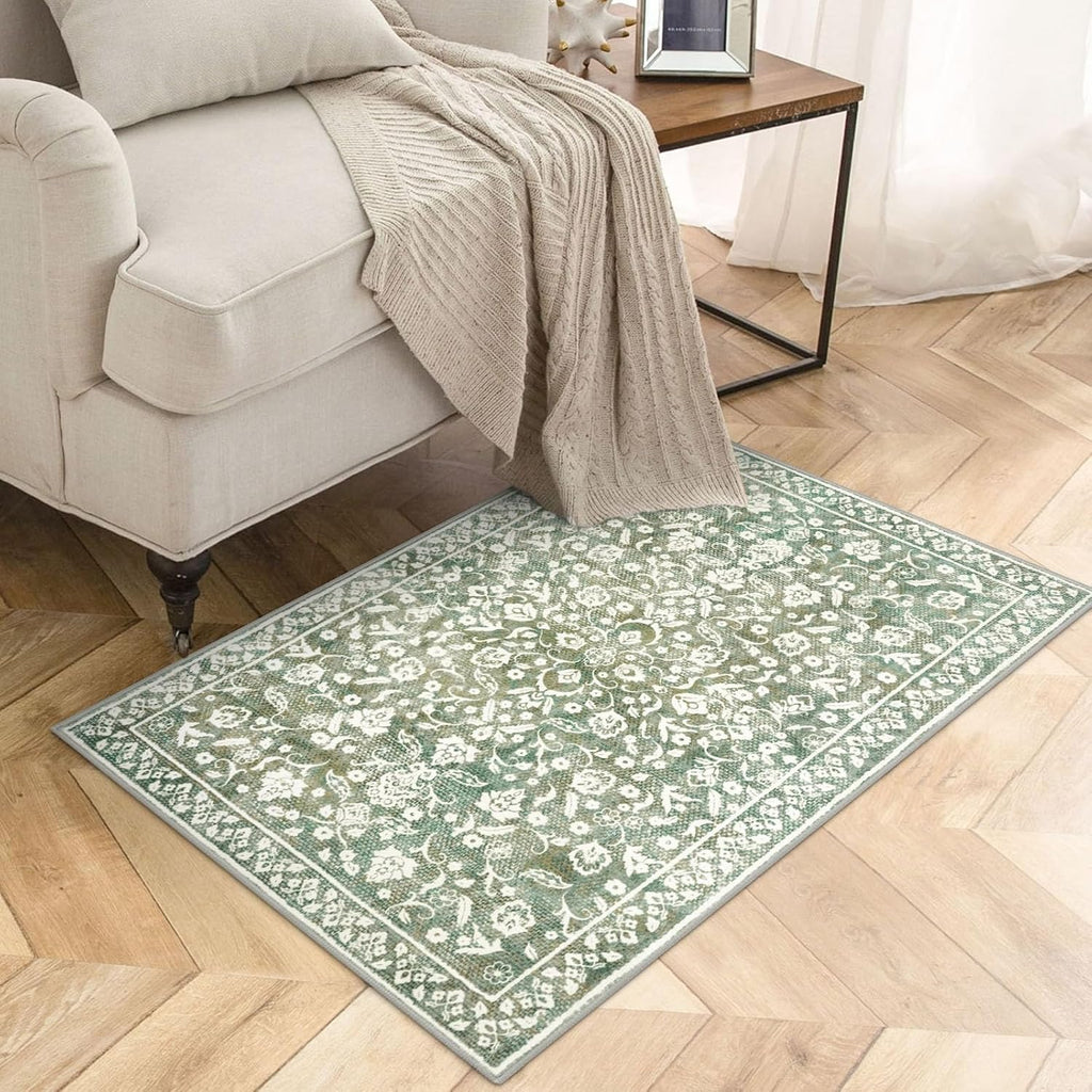 Vintage Entryway Rug Indoor, Sage Green Beige Washable Rug 2x3, Small Area Rug with Non-Slip Backing, Floral Print