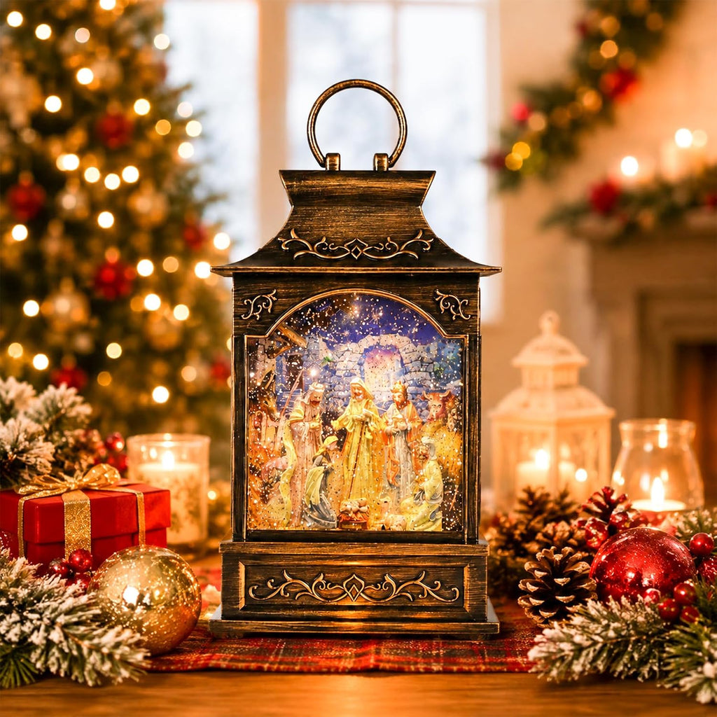 Christmas Nativity Snow Globe Lantern Musical Swirling Glitter Light
