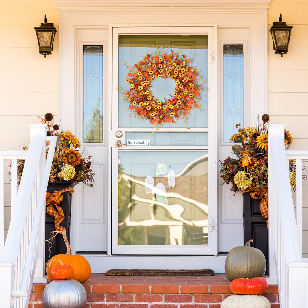 Fall Wreath 24'' Autumn Harvest Daisy Wreath with Orange Eucalyptus Foam Leaves Grain Daisies Berries for Outside
