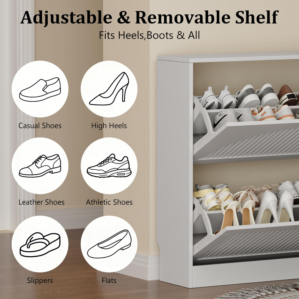 Fluted Shoe Storage Cabinet, 2 Flip Drawers, White