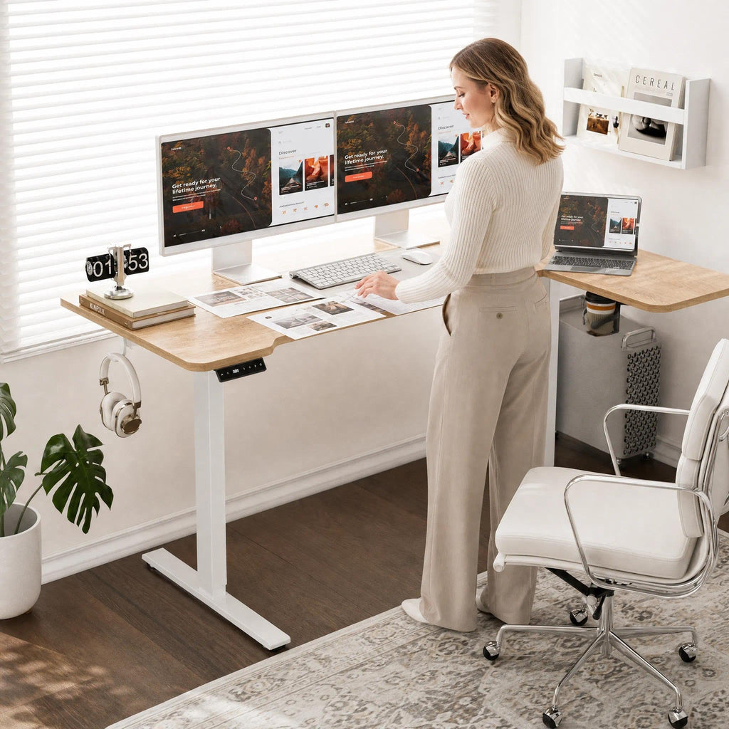 L Shaped Electric Standing Desk, 59x40 Reversible, Oak
