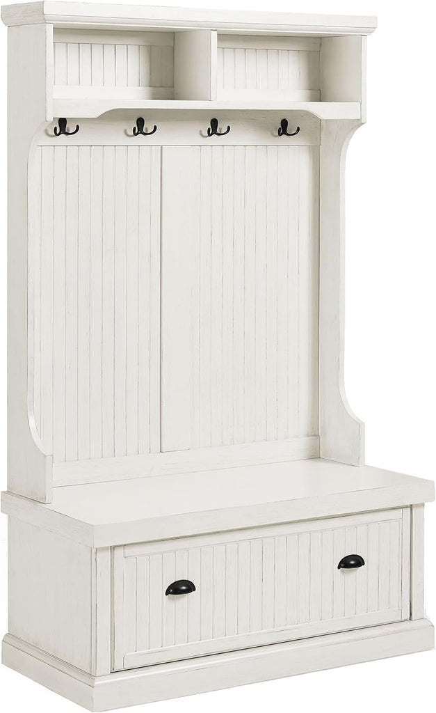 Seaside Hall Tree with Shoe Rack Bench and Coat Hooks for Hanging Storage, Distressed White