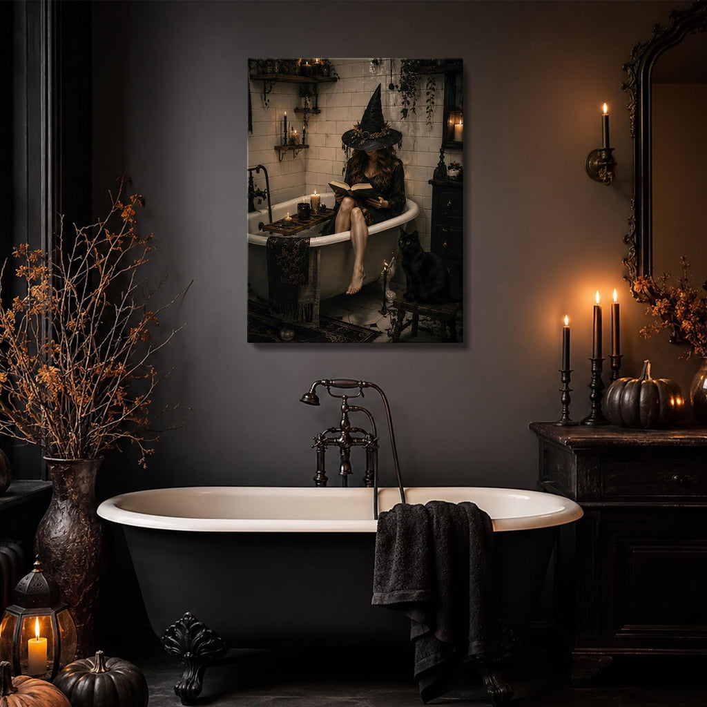 Halloween Canvas Wall Art, Witch in Bathtub with Cat Halloween Pictures