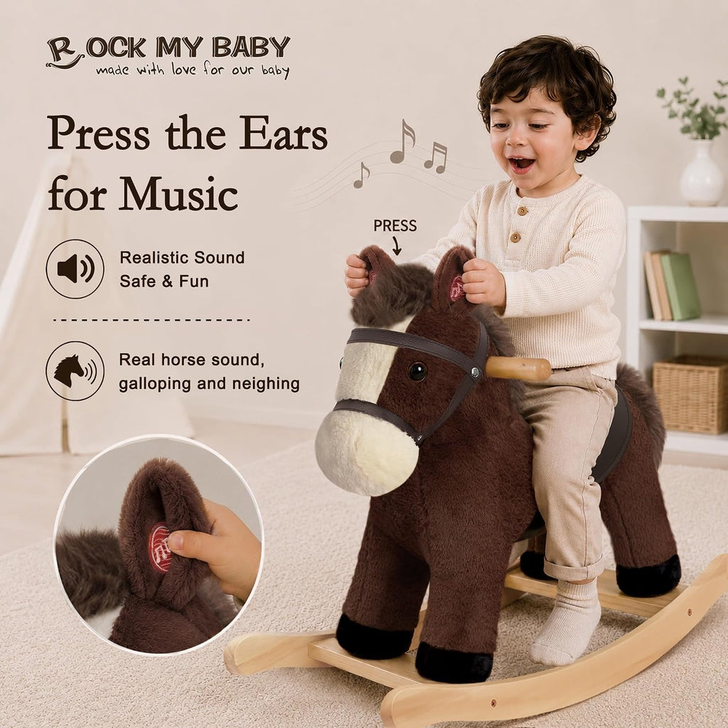 My Baby Rocking Horse, Dark Brown Horse Rocker for Toddlers 18M+, Plush Ride on Horse Toy with Realistic Sound,Soft