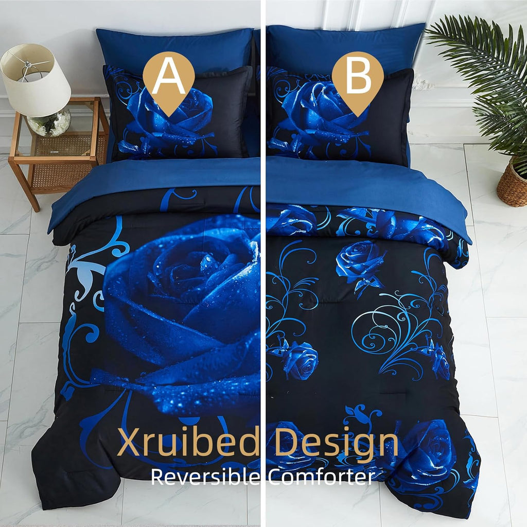 Xruibed Blue Comforter Set Queen 7 Piece Bed in a Bag Blue Rose Comforter with Sheet Set Soft Micorfiber Reversible