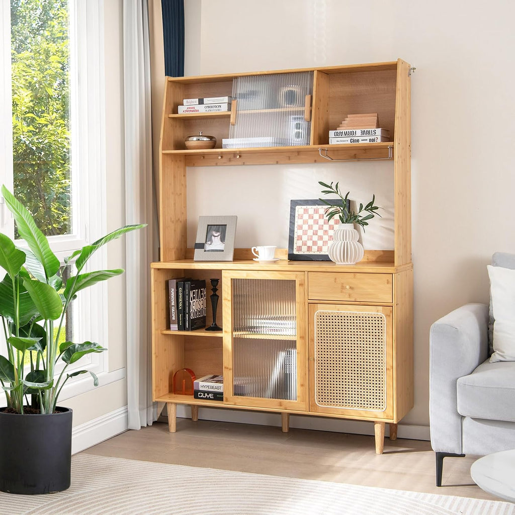 69" Kitchen Pantry Cabinet, Bamboo Hutch Storage Cabinet w/Storage | Freestanding Buffet Sideboard Cabinet with