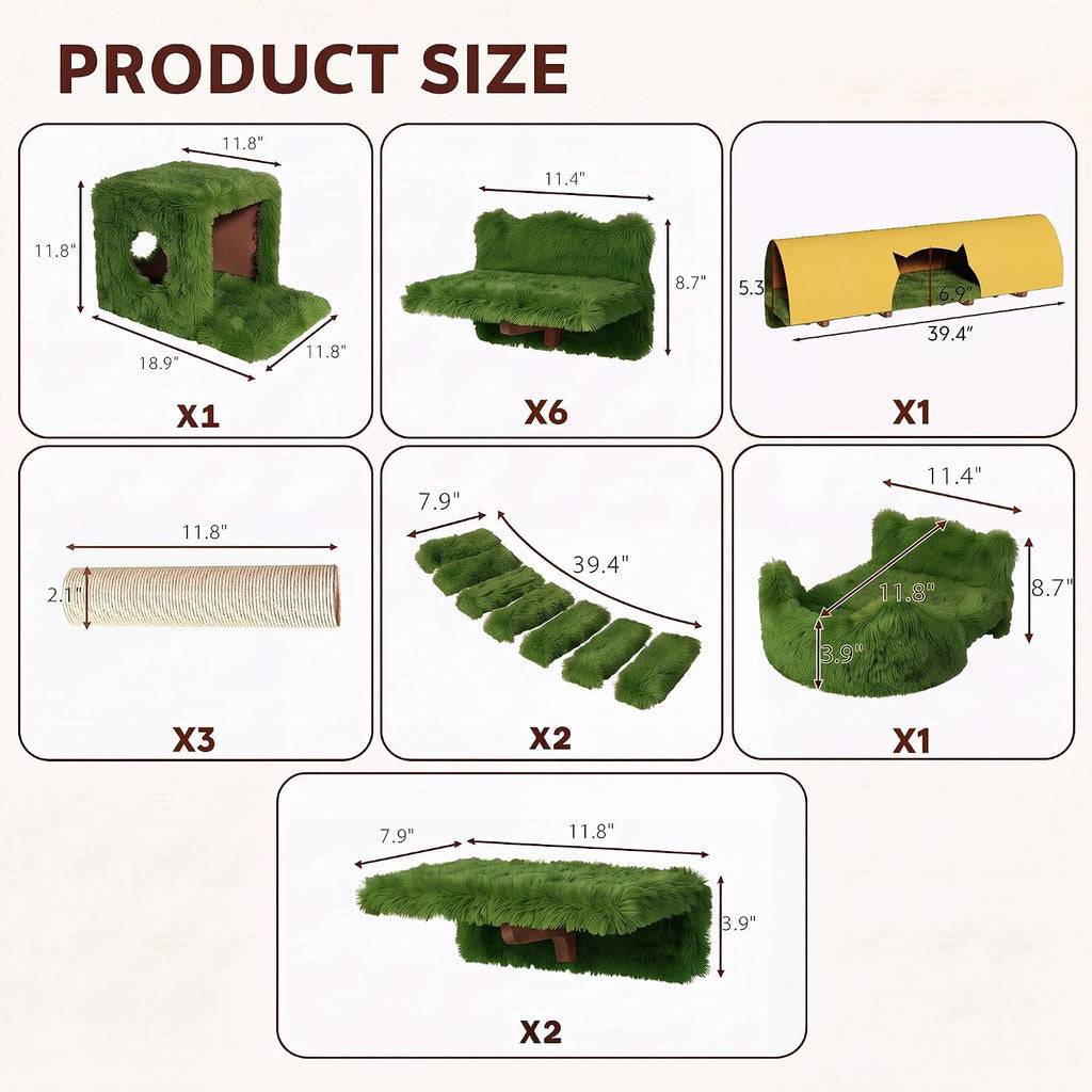 Cat Wall Furniture, 9 in 1 Cat Wall Shelves Set with Bridge, Green