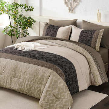 Dinjoy Boho Comforter Set Light Brown,7 Piece Bed in a Bag Warm Striped Bedding Sets with Plaid Fall
