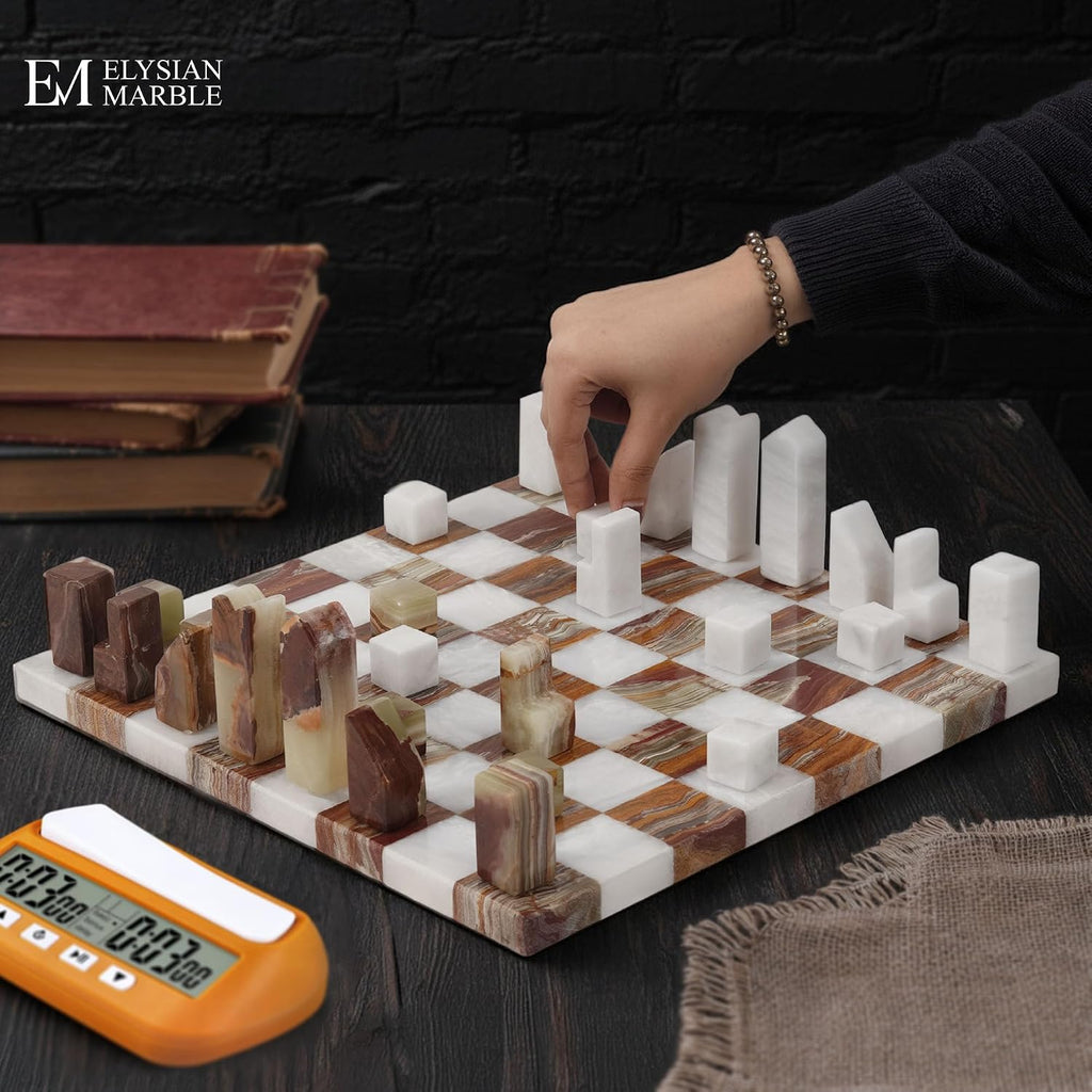 Modern Chess Set - Handcrafted Borderless Marble Chess Board with Minimalist Geometric Pieces, Luxury Decorative