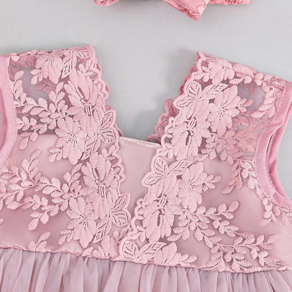Lace Flower Baby Girl Dress with Big Bowknot Toddler Tulle Tutu for Formal Birthday Party