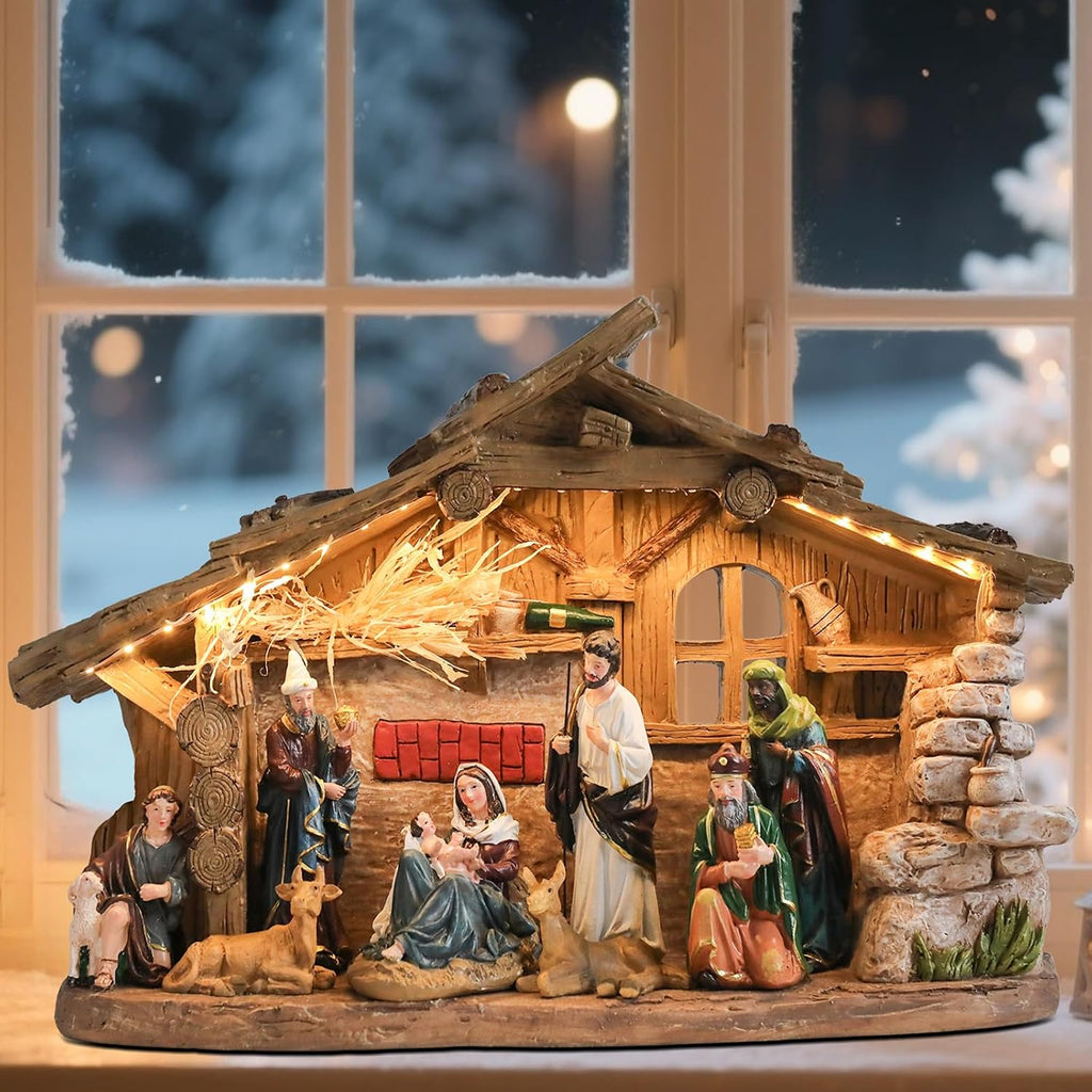 Nativity Scene with Manger, Resin Nativity Sets Figurine with LED Light and Music, 15.6 Inch Holy Family Lighted