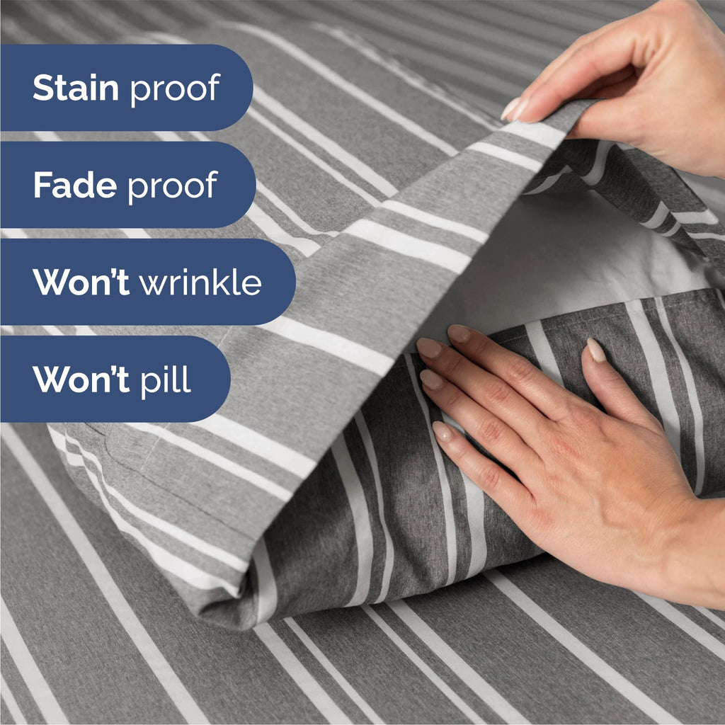 Queen Size 4 Piece Sheet Set - Breathable & Cooling Sheets - Grey Stripes