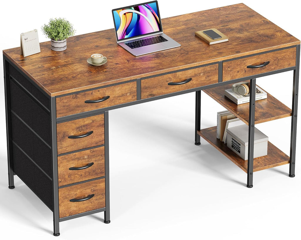 Computer Desk with 6 Drawers, Office Desk with Shelves, Reversible Gaming Desk, Corner Desk with Storage, Work, Study