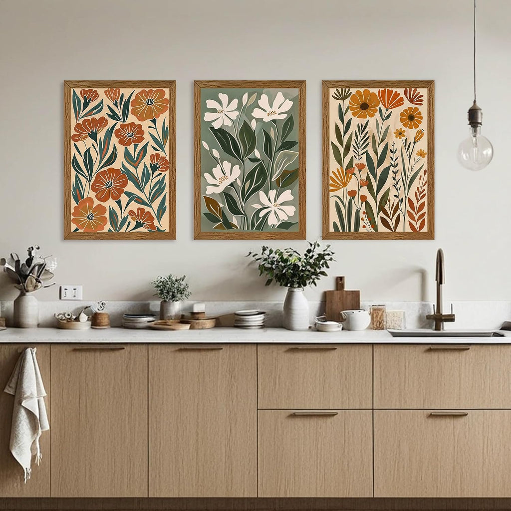 3 Pieces Flower Market Canvas Wall Art, Green Beige Abstract Boho Floral Wall Decor, Minimalist Colorful Botanica Art
