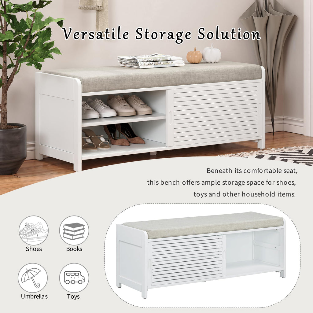 Shoe Bench with Storage and Cushion, Farmhouse Distressed Shutter Storage Bench with Retro Charm, White