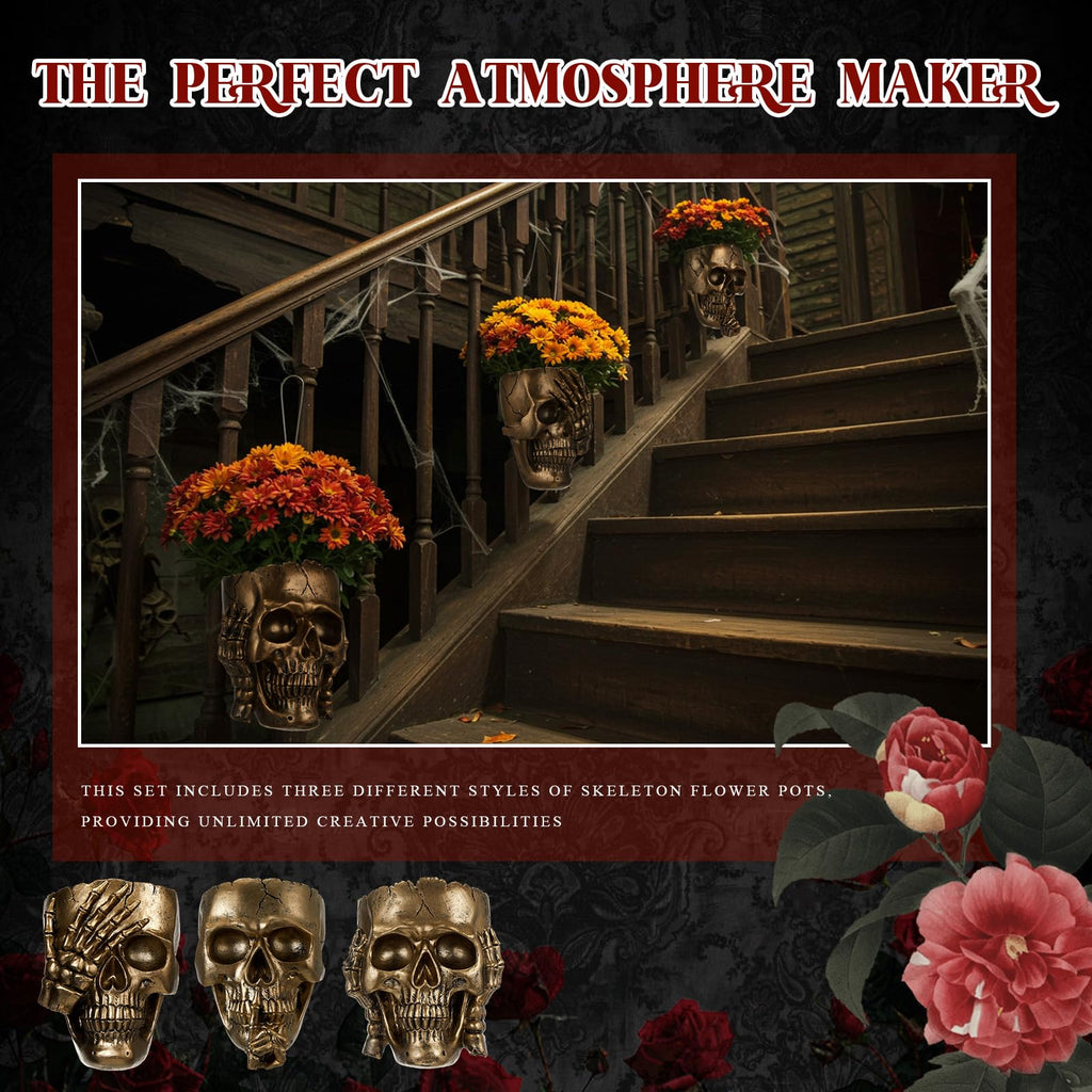 3 Pcs Skull Wall Planters, Gothic Hanging Skeleton Pot Set, Gold