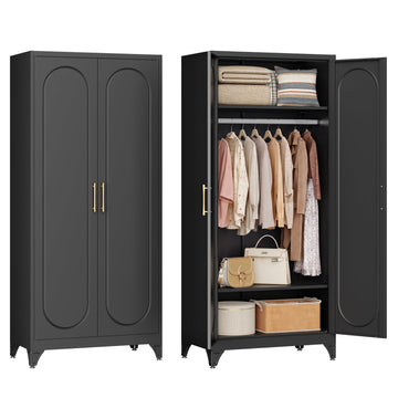 71" Tall Metal Bedroom Armoire, Wardrobe Closet with Doors, Black