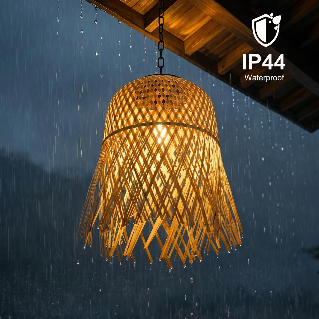 Solar Chandelier Outdoor, Bamboo Handmade Rattan Pendant Light, Rustic Retro Boho Hanging Lanterns for Gazebo Yard