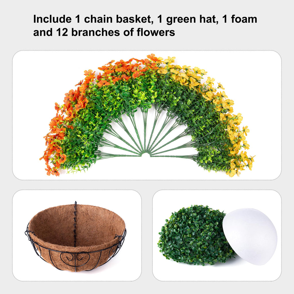 Artificial Fake Hanging Mums Plants Flowers Basket for Fall Autumn Outdoor Decor, Faux Silk Orange Dasiy Flower Look