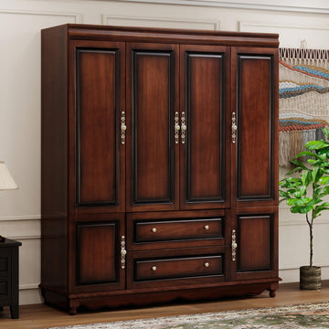 Solid Wood Armoire:Wardrobe Closet with Drawers and Hanging Rod